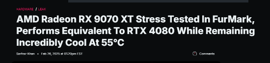 AMD RX9070XT压力测试表现亮眼!性能媲美RTX4080